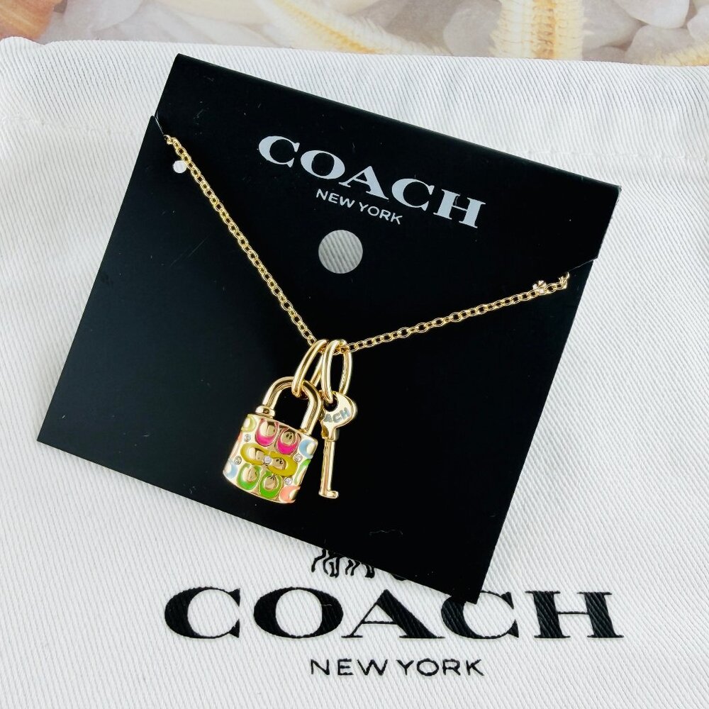 Coach Quilted Padlock Key Mismatch Rainbow gold necklace - Picture 2 of 4
